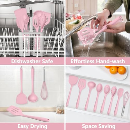 TeamFar Silicone Cooking Utensils Set, 8 PCS Kitchen Utensils Set, Pink | 446°F Heat Resistant Turner, Spatula, Spoon, Whisk, Kitchen Cooking Gadgets Tools, for Nonstick Cookware, Dishwasher Safe - color: Pink