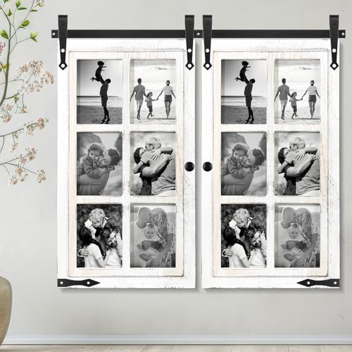Sintuff 2 Sets Picture Frame Collage Fit 5x7 Photo Multi 6 Opening White Wooden Barn Door Window Farmhouse Picture Frame Collage for Living Room Bedroom Wall Decor - color: Distressed White, size: Fit 5x7, style: 6 Opening