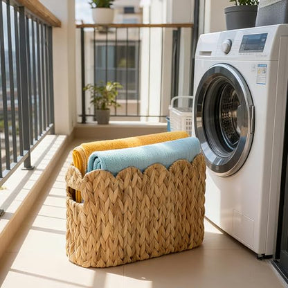 Garvee 2-Pack Scalloped Wicker Basket for Bathroom, Hand-Woven Rattan Toilet Paper Storage Basket with Built-in Handles, Small Decorative Organizer for Countertop, Shelf