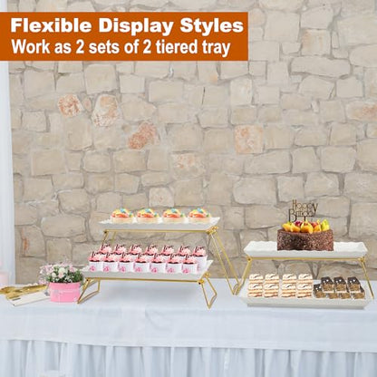 KAQAHIDO Extra Large 4 Tier Serving Tray Set, 34x22x10 inch Wave Edge Melamine Dessert Table Display Set, Tiered Trays Stand for Party Buffet Entertaining, Gold and White - color: Gold