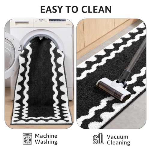 Findosom Bathroom Rugs Sets 3 Piece, Absorbent Soft Non-Slip Bath Rug Set | Washable Microfiber Shaggy Scalloped Bath Mat Set with Bathroom Runner Rug, U-Shaped Toilet Rugs, Shower Rug, Black - color: Black & White, size: 18"x26"+18"x48"+U 20"x24"