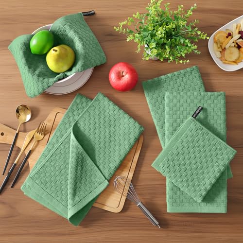Homaxy 100% Cotton Terry Kitchen Towels(15" x 25", 12 Pack), Grass Green | Soft and Super Absorbent Dish Towels, 380 GSM Reusable Tea Towel with Hanging Loop, Pineapple Grid Designed - color: Grass Green, size: 15 x 25 -12 Pack