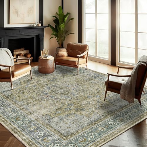 CHAMPLANT Washable Area Rug 9'x12' Boho Design Non-Shedding Easy Care Ideal for High Traffic Areas in Living Room Bedroom Office Coffee Table Kitchen Large Carpet - color: Aged Floral Green, size: 9' x 12' (Rectangular)