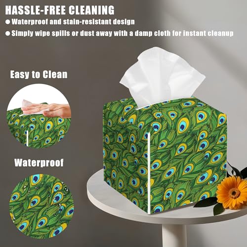 Leather Tissue Box Holder Peacock Feather Tissue Box Cover Facial Paper Case Organizer Cube Napkin Dispenser for Bathroom Vanity Countertop Night Stand Office Car - color: Peacock Feather