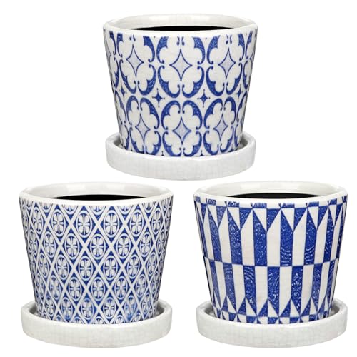 Small Ceramic Pots for Plants, 4.7 inch Blue and White Plant Pot Indoor with Drainage & Saucer Set of 3 Ceramic Planters for Indoor Plants Succulent Pot Decorative Flower Pots for Cactus, Orchid, Herb - color: Blue & White