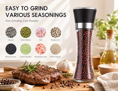 Premium Salt and Pepper Grinder Set of 2, 6 oz Refillable Glass Salt and Pepper Shakers with Adjustable Ceramic Grinder, Manual Pepper Mill Set Includes Funnel & Cleaning Brush, ransparent Lid - color: Black, size: 2.5"W x 7.5"H