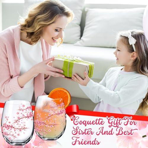 Sliner 2 Pack 17oz Cherry Blossom Stemless Wine Glasses Floral Drinking Glasses Cherry Blossom Tumbler Cups for Wedding Birthday Gift Parties Supplies - style: Cherry Blossom
