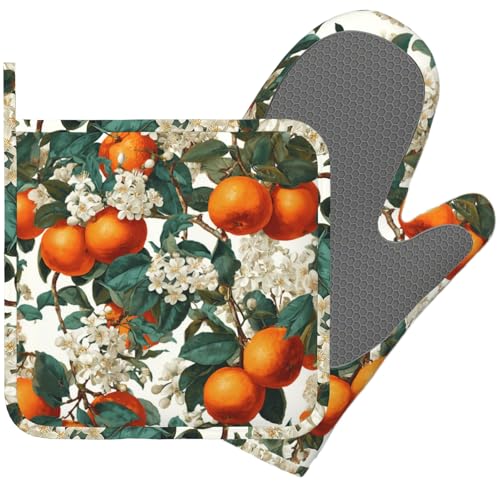 Oranges Leaves Oven Mitts and Pot Holders Sets White Flowers Silicone Heat Resistant Kitchen Oven Gloves Pot Holder for Cooking Baking Grilling BBQ - color: Oranges Leaves