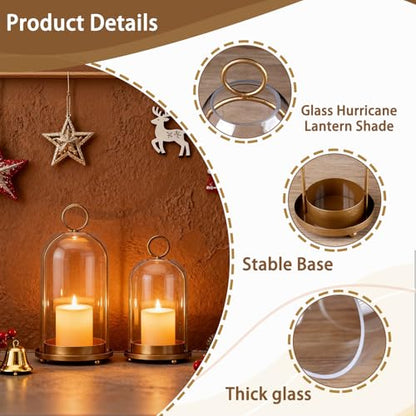 Metal Candle Holder Handmade Glass,Brass Dome Hurricane Glass Candle Holder | 5" & 4" Wide Can Be Placed Desktop Hung,for Pillar Candles,Plants Decorative Farmhouse, Shabby Chic
