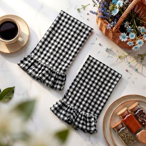 HunnmingRe Matte Black Kitchen Towels Set of 2, 100% Cotton Ruffled Gingham Dish Towels 18"x28" Tea Cloths Classic Plaid Pattern for Farmhouse Charm, Drying Dishes, Entertaining Guests - color: Matte Black, style: Gingham