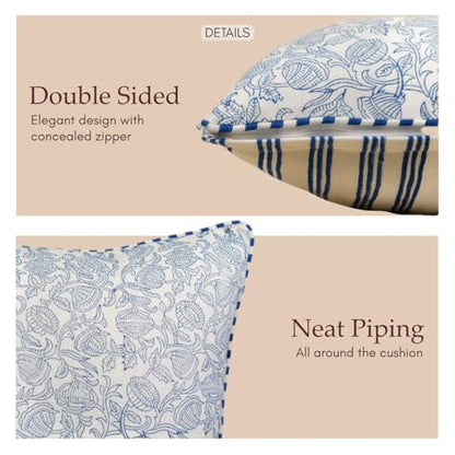 JBH Hand Block Print Reversible Throw Pillow Covers 18x18 Inch Set of 2 – Handmade Cotton - color: Blue