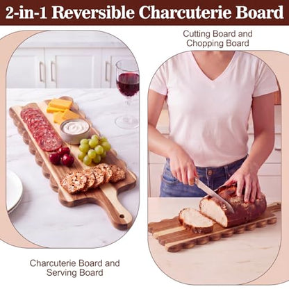 24"x 8" Long Scalloped Charcuterie Board Large Acacia Wooden Cheese Board with Handle & Rope Hanger Decorative Serving Platter for Snacks Appetizers, Housewarming & Entertaining Gift - size: 24"x8"