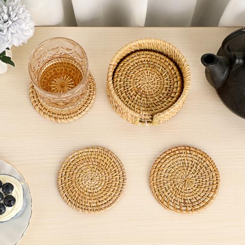 Drink Coasters Set of 6, Handwoven Rattan Coasters with Holder - Coaster for Coffee Table, Boho Cup Coaster for Home Decor Accents-Heat Insulation, 4 Inch(Natural Rattan) - style: Natural Rattan