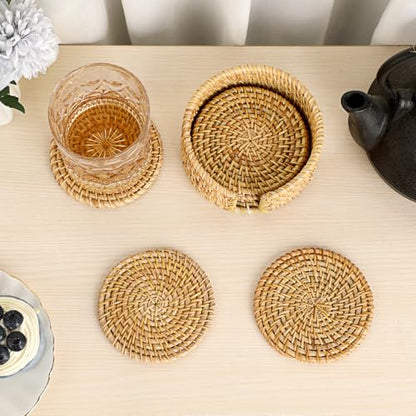 Drink Coasters Set of 6, Handwoven Rattan Coasters with Holder - Coaster for Coffee Table, Boho Cup Coaster for Home Decor Accents-Heat Insulation, 4 Inch(Natural Rattan) - style: Natural Rattan