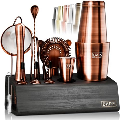 BARE BARREL® Mixology Bartender Kit Bar Set | 14-Piece Cocktail Shaker Set | Martini Barware Mixing Tools for Home Bartending | Incl. 35 Recipe Cards | Gift Set (28oz Boston Shaker, Copper/Black) - color: Copper/Black