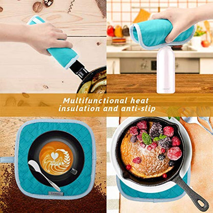 4Pcs Oven Mitts and Pot Holders Set, 572F Heat Resistant Oven Glove, Soft Cotton Lining with Non-Slip Surface for Kitchen Baking BBQ (Turquoise) - color: Turquoise