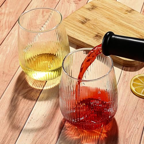 UMEIED Stemless Wine Glasses Set of 12, 17 oz Red White Wine Glasses | Clear Glassware Set for Red/White Wine Dishwasher Safe, Ideal for Daily Use Home Bar Birthdays Housewarming (Strip Texture) - color: Strip Texture