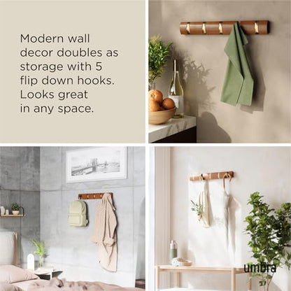 Umbra Flip Coat Rack, Wall Mounted 5-Hook Space Saving, Walnut/Gold | Real wood and steel build, retractable hooks fold flat, holds coats bags and scarves, easy install - color: Walnut/Gold, size: 5-Hook