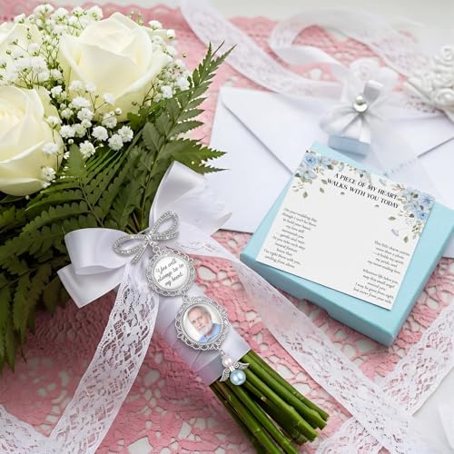 Wedding Bouquet Photo Charms Set Bridal Bouquet Charm with Blue Tone Box and Card Something Blue for Bride Memorial DIY Pin with Angel Memory Charm for Bridal Shower Gift