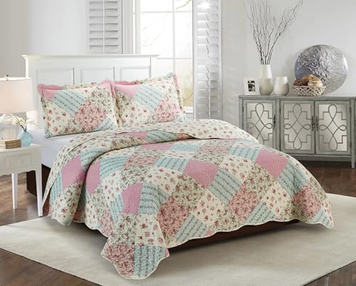 Brilliant Sunshine Pink & Green Roses Pillowshams Set, 20"x26"+2" | Patchwork Design, Quilted Standard Pillowcases, Washable Scallop Edge Pillow Covers, Pack of 2 - color: Pink Green, size: 20 x 26 inches
