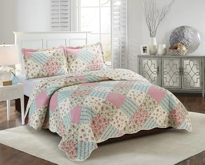 Brilliant Sunshine Pink & Green Roses Pillowshams Set, 20"x26"+2" | Patchwork Design, Quilted Standard Pillowcases, Washable Scallop Edge Pillow Covers, Pack of 2 - color: Pink Green, size: 20 x 26 inches