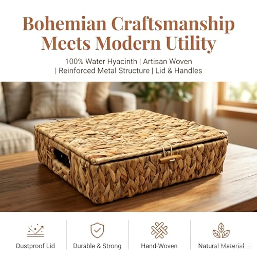 Small Wicker Storage Basket with Lid 2-Pack, Water Hyacinth Woven Baskets | Dustproof design with cover, Natural materials, Handwoven, Built-in handle, Living room, bedroom, utility room, vanity - color: Natural color