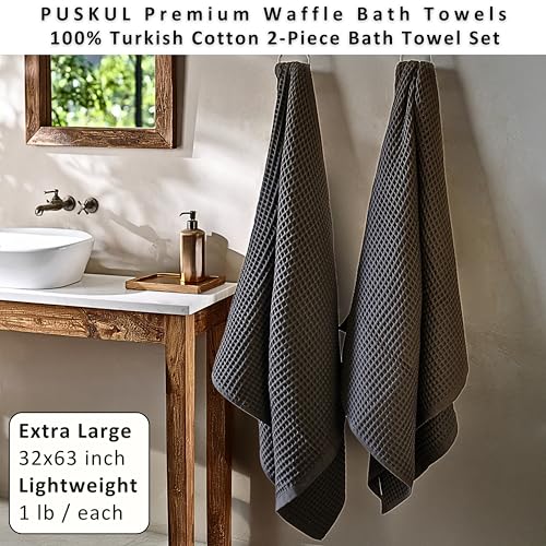 PÜSKÜL 2-Piece Natural 100% Turkish Cotton Waffle Bath Towels Extra-Large | Dark Gray, 32x63" Bath Sheet Towel, Light Soft Absorbent Quick-Dry Lint-Free Premium Honeycomb Weave Oeko-Tex Made in Turkiye - color: Dark Gray