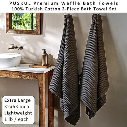 PÜSKÜL 2-Piece Natural 100% Turkish Cotton Waffle Bath Towels Extra-Large | Dark Gray, 32x63" Bath Sheet Towel, Light Soft Absorbent Quick-Dry Lint-Free Premium Honeycomb Weave Oeko-Tex Made in Turkiye - color: Dark Gray