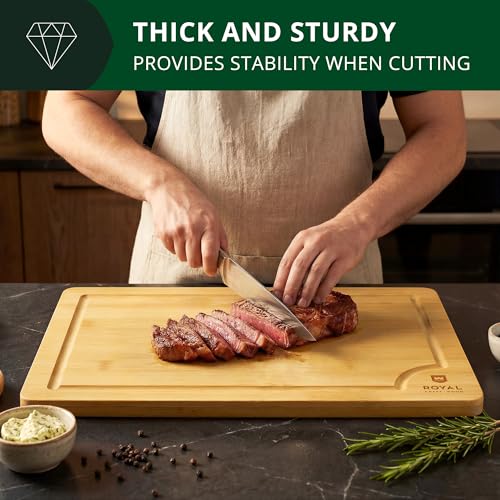 ROYAL CRAFT WOOD Bamboo Cutting Board with Juice Groove - Kitchen Chopping Board for Meat Cheese and Vegetables, Heavy Duty Serving Tray - color: Natural, size: 20"L x 14"W