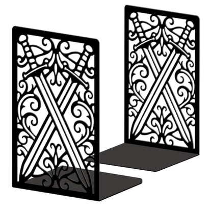 5.3"x4.3"x7.9" Metal Bookends, Heavy Duty Book Ends for Shelves | Pair of Swords and Patterns Theme Cast Iron Book Supports, 1 Pair Decor Stoppers for Desk, Library, Office & Home Shelves - style: Pair of Swords and Patterns