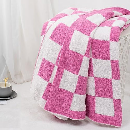Carriediosa Checkered Throw Blanket 50x60, 400GSM Ultra Soft Microfiber | Hot Pink, Fuzzy Fluffy Cozy Plush Knit Knitted Plaid Checker, Lightweight Cute Preppy Fall Blankets & Throws for Couch, Bed - color: Check - Hot Pink, size: 50" X 60"