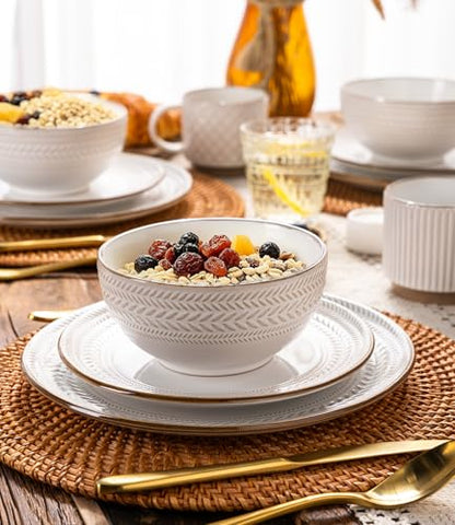 GBHOME Stoneware Dinnerware Set for 4, 12 piece Farmhouse Plates and Bowls | Elegant Embossed Ceramic Dish Set, Scratch Resistant, Microwave & Dishwasher Safe, Off white - color: Off White-Wheat Ear