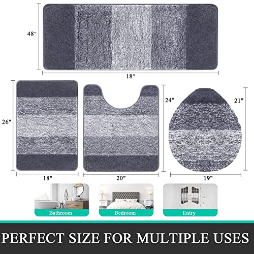 Bsmathom Bathroom Rug Set 4 Piece, Plush Microfiber Bath Mat, Dark Gray | Extra Water Absorbent, Non Slip Washable Runner Bath Rugs with Toilet Lid Cover and U-shaped Contour Toilet Mat - color: Dark Grey, size: 18"x26"+18"x48"+U20"x24"+Cover19"x21"