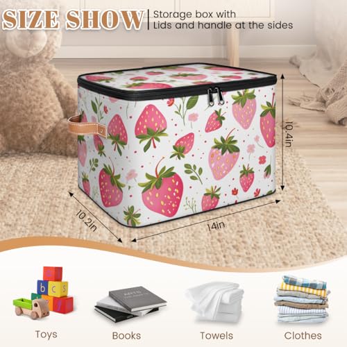 Storage Bin with Lid, Strawberry Stackable Closet Storage Bins, Decorative Bedroom Organizer Box, Lidded Baskets Living Room Storages Boxes Cube Organizer, Cute Container with Handles