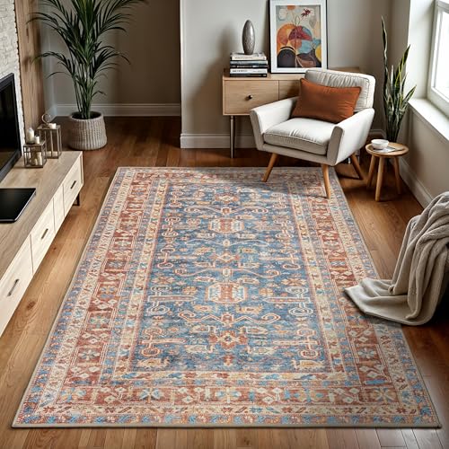 GLN Rugs Bohemian - Jerusalem - Machine Washable Area Rug, Boho Washable, Non Slip, Low Pile Chenille Area Rug, Entryway, Hallway, Kitchen Rug - Easy Clean (3' x 5' Terra/Slate Blue) - color: Terra/Slate Blue, size: 3' x 5' (Rectangular)
