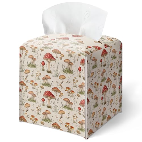 Forest Mushrooms Pattern Tissue Box Cover, Plants Design Leather Tissue Box Holder-Waterproof, Desktop Decor for Living Room Bedroom Nightstand Office, Gift for Women & Friend-A16 - color: Forest Mushrooms