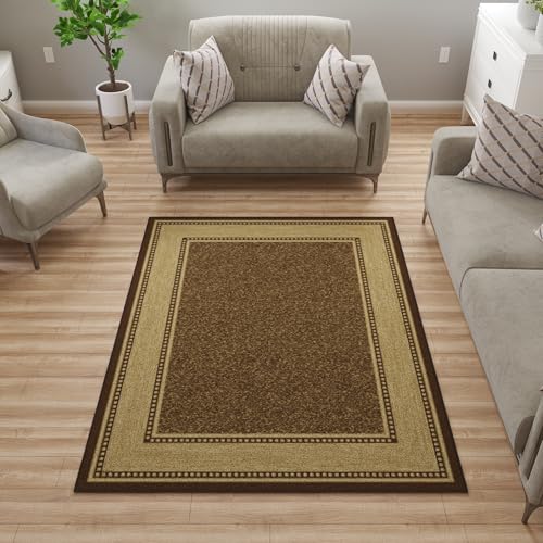 Ottomanson 5x7 Area Rugs for Living Room – Stain Resistant Bedroom Rug - color: Border Dark Brown, size: 5' x 6'6" (Area Rug)