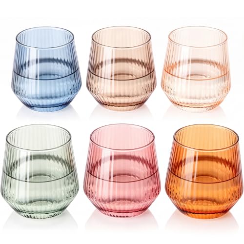 Colored Stemless Wine Glasses Set of 6, 12.5 Oz Ribbed Wine Glass,Coloful Drinking Glasses for Water, Cocktails, Champagne ,Ideal Gifts for Weddings, Bars, Christmas, Halloween,Party, Daily Use - color: Colored, size: 12.5 Ounces