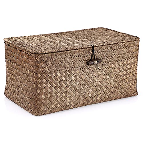Hipiwe Wicker Shelf Baskets Storage Bin with Lid Handwoven Seagrass Basket | Rectangular Household Basket Boxes for Shelf Wardrobe Home Organizer, Coffee Medium - color: Coffee, size: Medium
