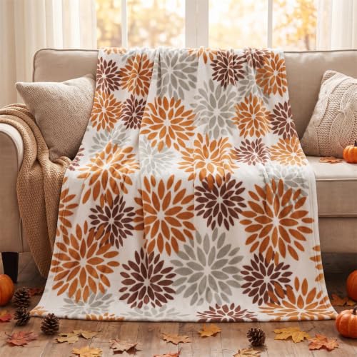 Horaldaily Dahlia Pinnata Floral Orange Grey Flannel Throw Blanket 50x60 | All Season Using Ultra Soft Fuzzy Plush Cozy Non-shedding Blanket for Couch Sofa Bed Camping, Ideal Gift for Kids Adults - color: Orange Grey, size: Throw(50x60'')