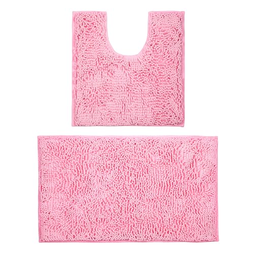 LanYunUmi Pink 2 Pieces Bathroom Rugs, Ultra Soft Non Slip Absorbent Chenille Toilet Bath Mat Set Rugs for Slip-Resistant Shag Extra and Rug Shower Room Machine-Washable (Pink, 20"x32"+20"x20"U) - color: Pink, size: 20"x32"+20"x20"
