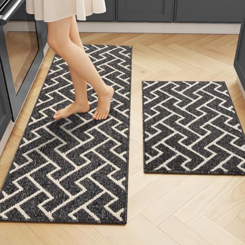 hicorfe Kitchen Runner Rug,Set of 2 Non Slip Kitchen Mats for Floor,Comfort Washabe Kitchen Rugs Carpet for Hallways Entryway Laundry Room(20"x32"+20"x48",Black) - color: Black, size: 20"x32"+20"x48"