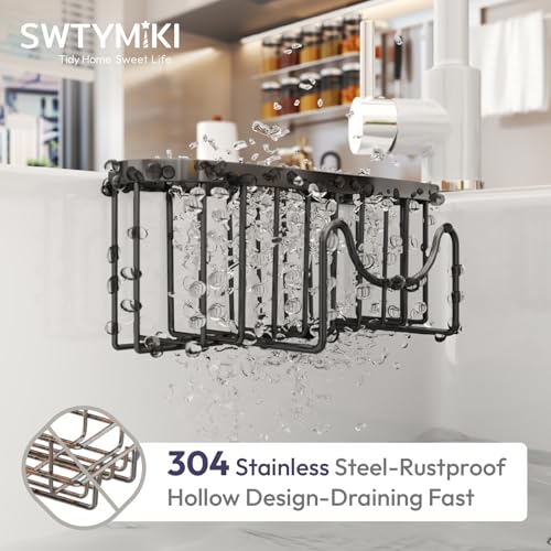 SWTYMIKI Sponge Holder for Kitchen Sink - Movable Kitchen Sink Caddy with M Shape Hook Stainless Steel Hanging Sponges Caddy Organizer in Double Bowl Sinks Depth>3.15in, Middle Divider<1.5in, Black L - color: Black-large