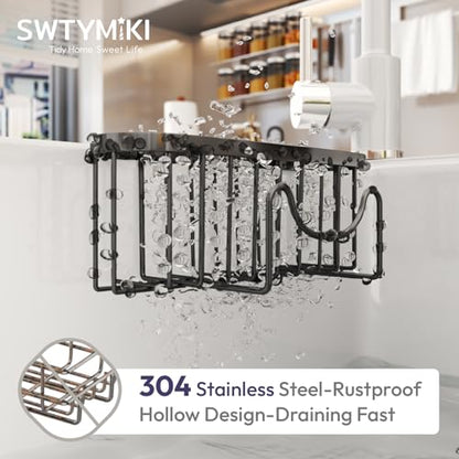 SWTYMIKI Sponge Holder for Kitchen Sink - Movable Kitchen Sink Caddy with M Shape Hook Stainless Steel Hanging Sponges Caddy Organizer in Double Bowl Sinks Depth>3.15in, Middle Divider<1.5in, Black L - color: Black-large