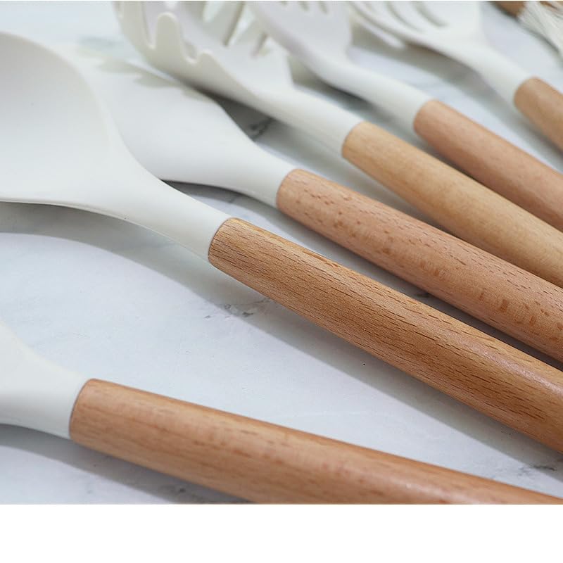 Silicone Cooking Utensils Set, 33PCS Kitchen Gadgets Tools with wooden Handle, Spoons, Spatulas, Whisk, Dishwasher Safe (Cream White, Set of 33)