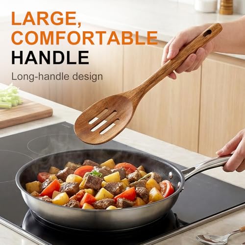 Acacia Wood Kitchen Utensils Set Non Toxic Wooden Spoon for Cooking Spatula | Large Cooking Utensil Teak Slotted Spoon Ladle Kitchen Tool Flat Wood Spatula Turner Mixing Serving Spoons Wooden Utensils - color: 4 PCS SET