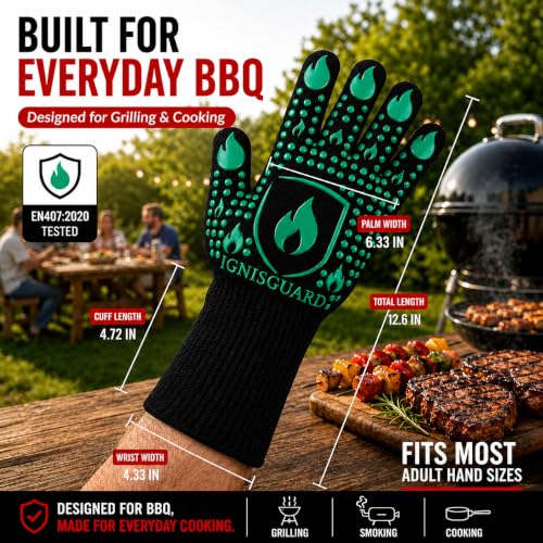 IGNISGUARD® BBQ Gloves, Heat Resistant Grill Gloves, 1 Pair, Green (M) | EN407:2020 tested with textured silicone grip, three-layer construction and long knit cuff for added wrist coverage. - color: Green, size: Medium