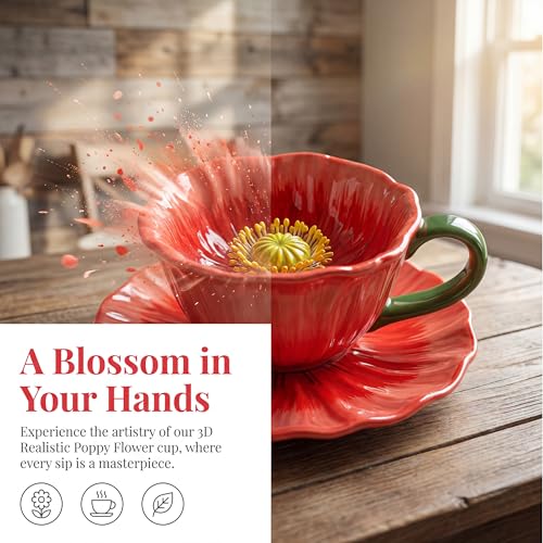 10 oz Tea Cups and Saucers, Hand-Painted Ceramic Flower-Shaped Coffee Cup | Saucer Set, Microwave & Dishwasher Safe, Elegant Floral Cup Set Gift for Women - color: Red