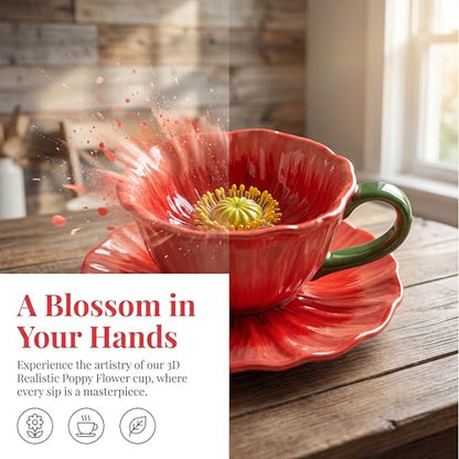 10 oz Tea Cups and Saucers, Hand-Painted Ceramic Flower-Shaped Coffee Cup | Saucer Set, Microwave & Dishwasher Safe, Elegant Floral Cup Set Gift for Women - color: Red