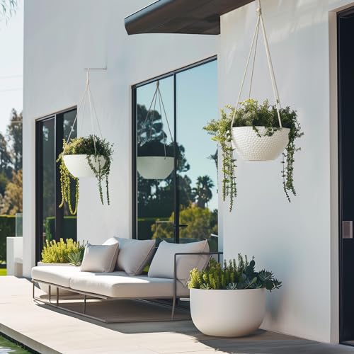LA JOLIE MUSE Hanging Planters for Outdoor Plants, Large Hanging Planter with Drain Holes, Outdoor Hanging Flower Pots, White Stone, Honeycomb (13.2 Inch, Set of 2) | White Stone Finish, Hanging Baskets and Flower Pots for Outdoor Plants, Decorative Outdo